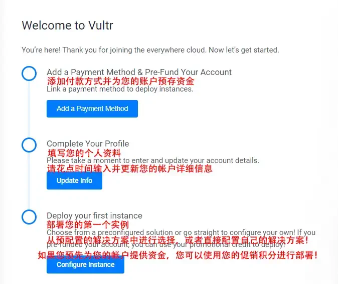 选择vultr的付款方式并完善个人账号信息